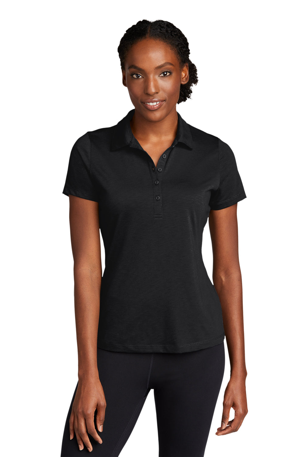 Sport-Tek LST530 Womens Strive Moisture Wicking Short Sleeve Polo Shirt Black Model Front