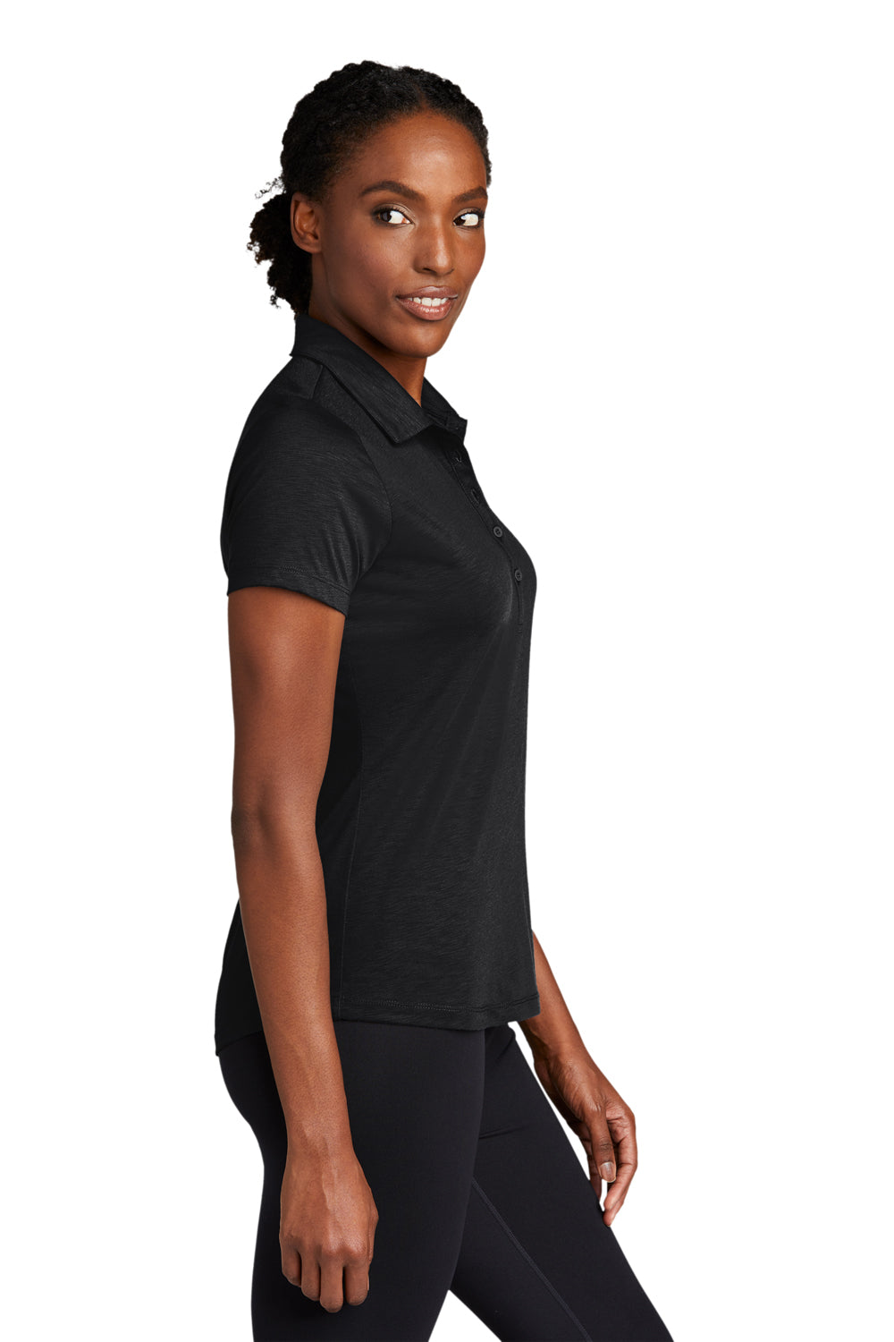 Sport-Tek LST530 Womens Strive Moisture Wicking Short Sleeve Polo Shirt Black Model Side