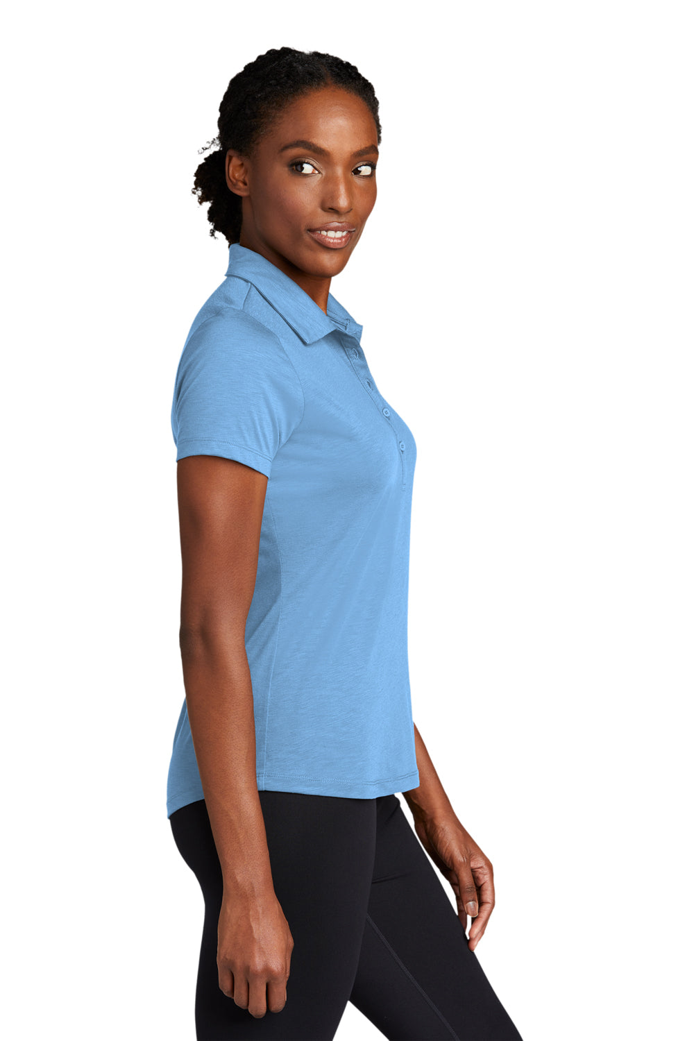 Sport-Tek LST530 Womens Strive Moisture Wicking Short Sleeve Polo Shirt Carolina Blue Model Side