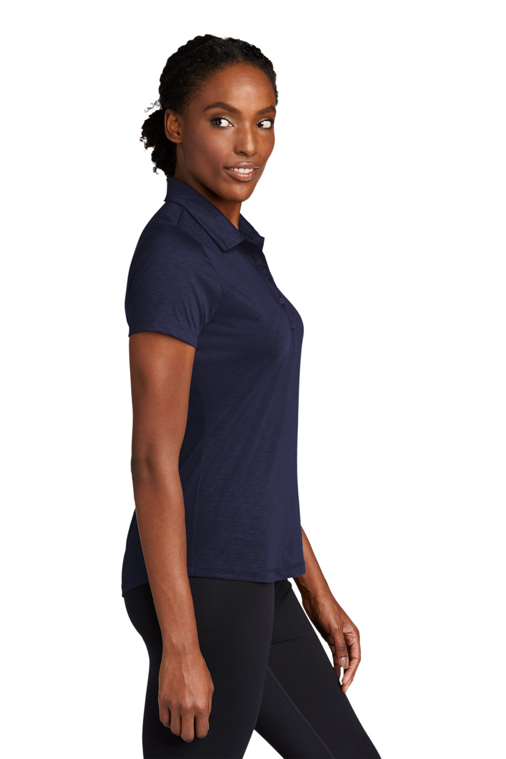 Sport-Tek LST530 Womens Strive Moisture Wicking Short Sleeve Polo Shirt True Navy Blue Model Side