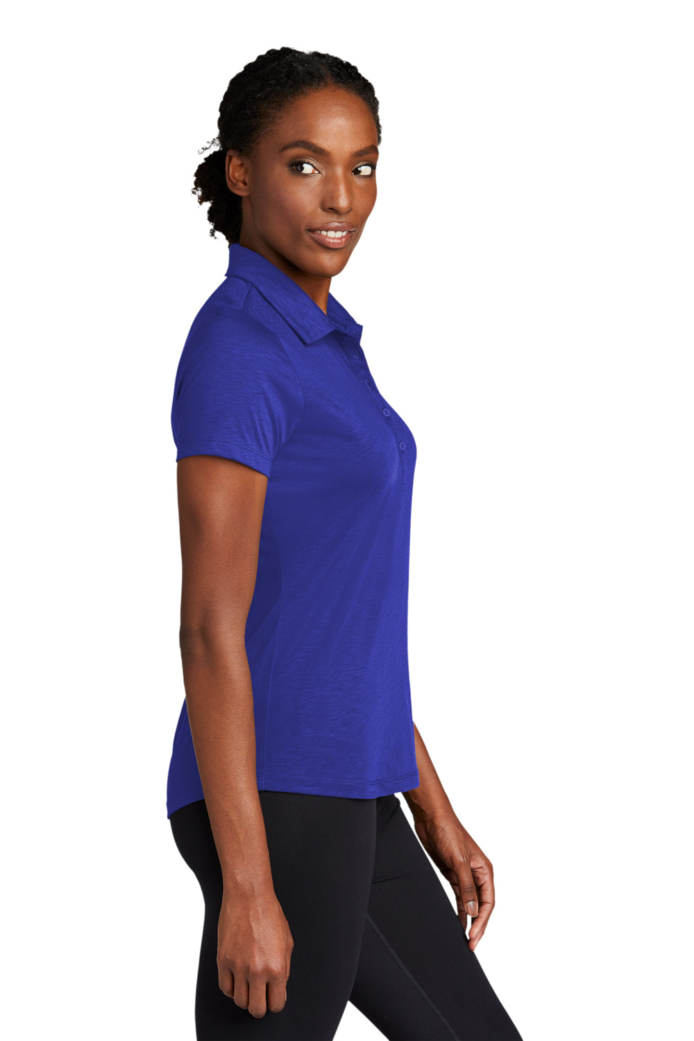 Sport-Tek LST530 Womens Strive Moisture Wicking Short Sleeve Polo Shirt True Royal Blue Model Side