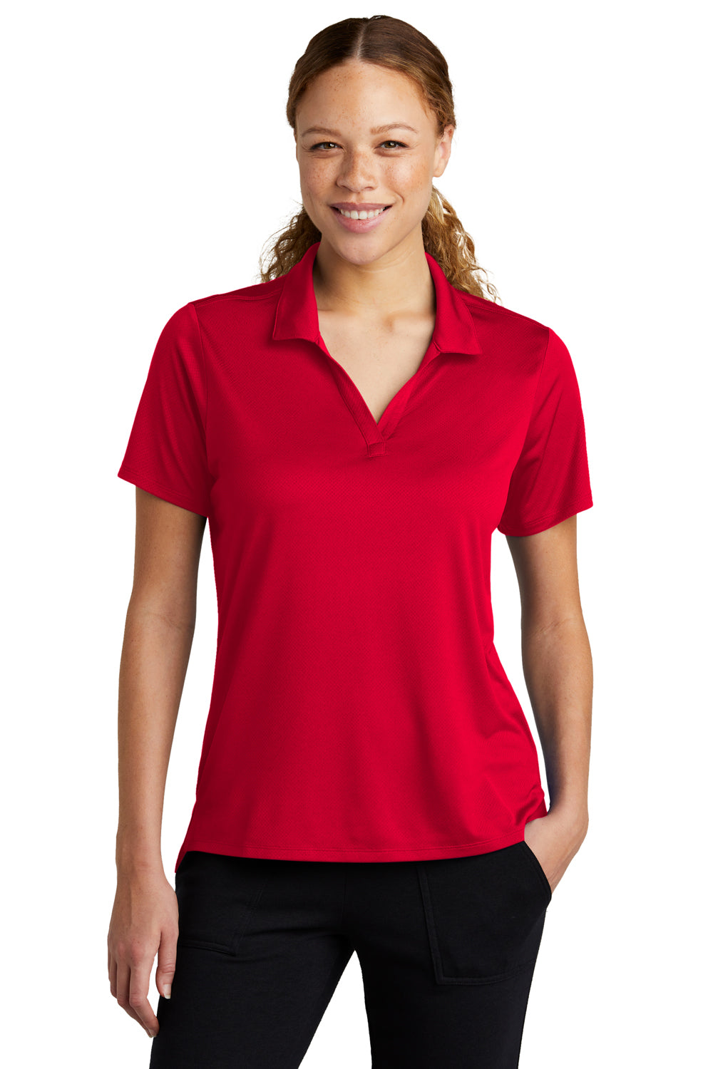 Sport-Tek LST535 Womens Sideline Moisture Wicking Short Sleeve Polo Shirt Deep Red Model Front