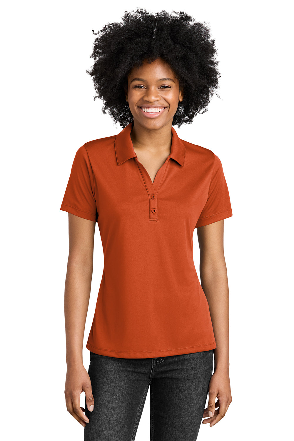 Sport-Tek LST550 Womens Competitor Moisture Wicking Short Sleeve Polo Shirt Deep Orange Model Front