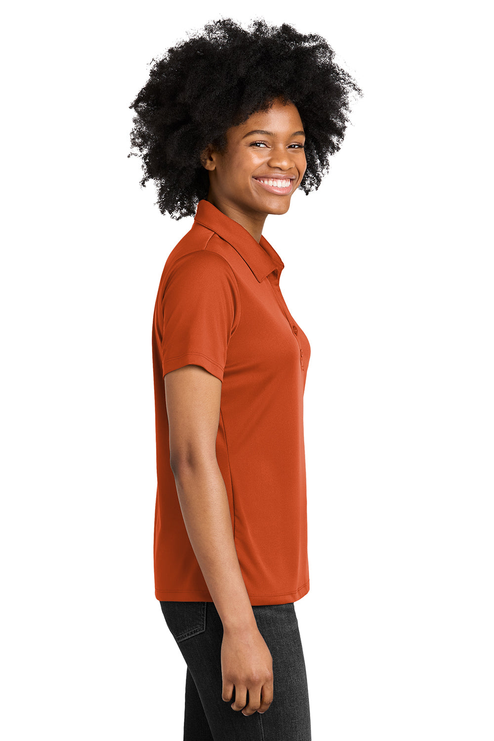 Sport-Tek LST550 Womens Competitor Moisture Wicking Short Sleeve Polo Shirt Deep Orange Model Side