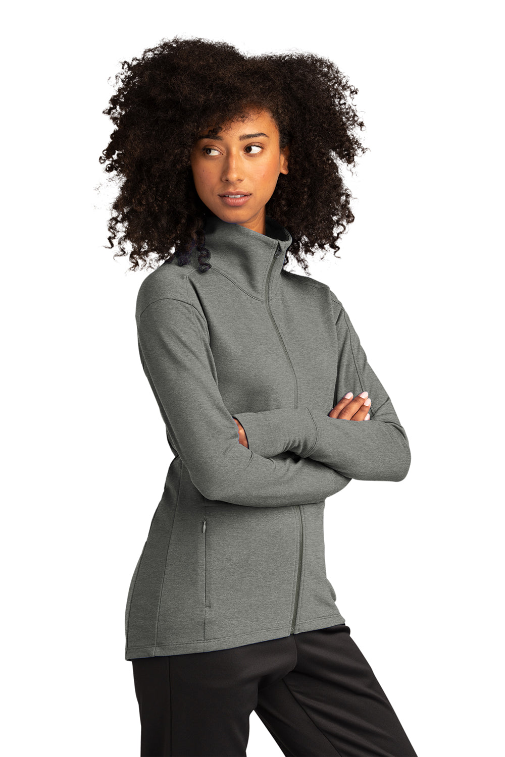 Sport-Tek LST560 Womens Flex Fleece Moisture Wicking Full Zip Sweatshirt Heather Light Grey Model 3q