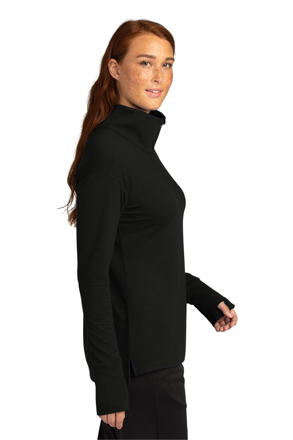 Sport-Tek LST561 Womens Flex Fleece Moisture Wicking 1/4 Zip Sweatshirt Black Model Side