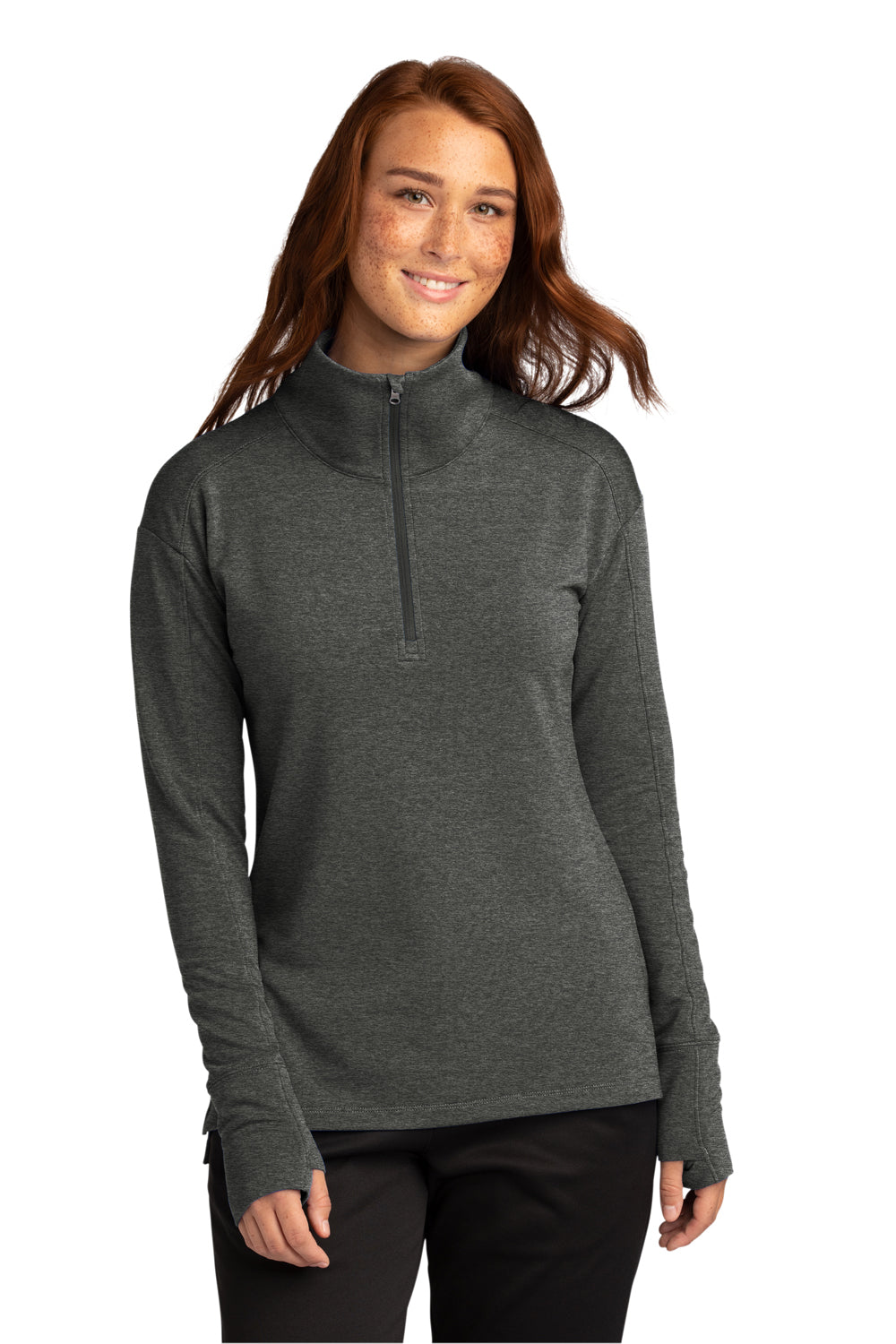 Sport-Tek LST561 Womens Flex Fleece Moisture Wicking 1/4 Zip Sweatshirt Heather Dark Grey Model Front