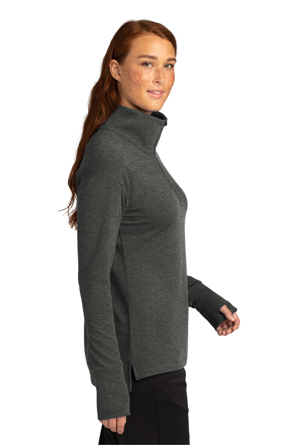 Sport-Tek LST561 Womens Flex Fleece Moisture Wicking 1/4 Zip Sweatshirt Heather Dark Grey Model Side