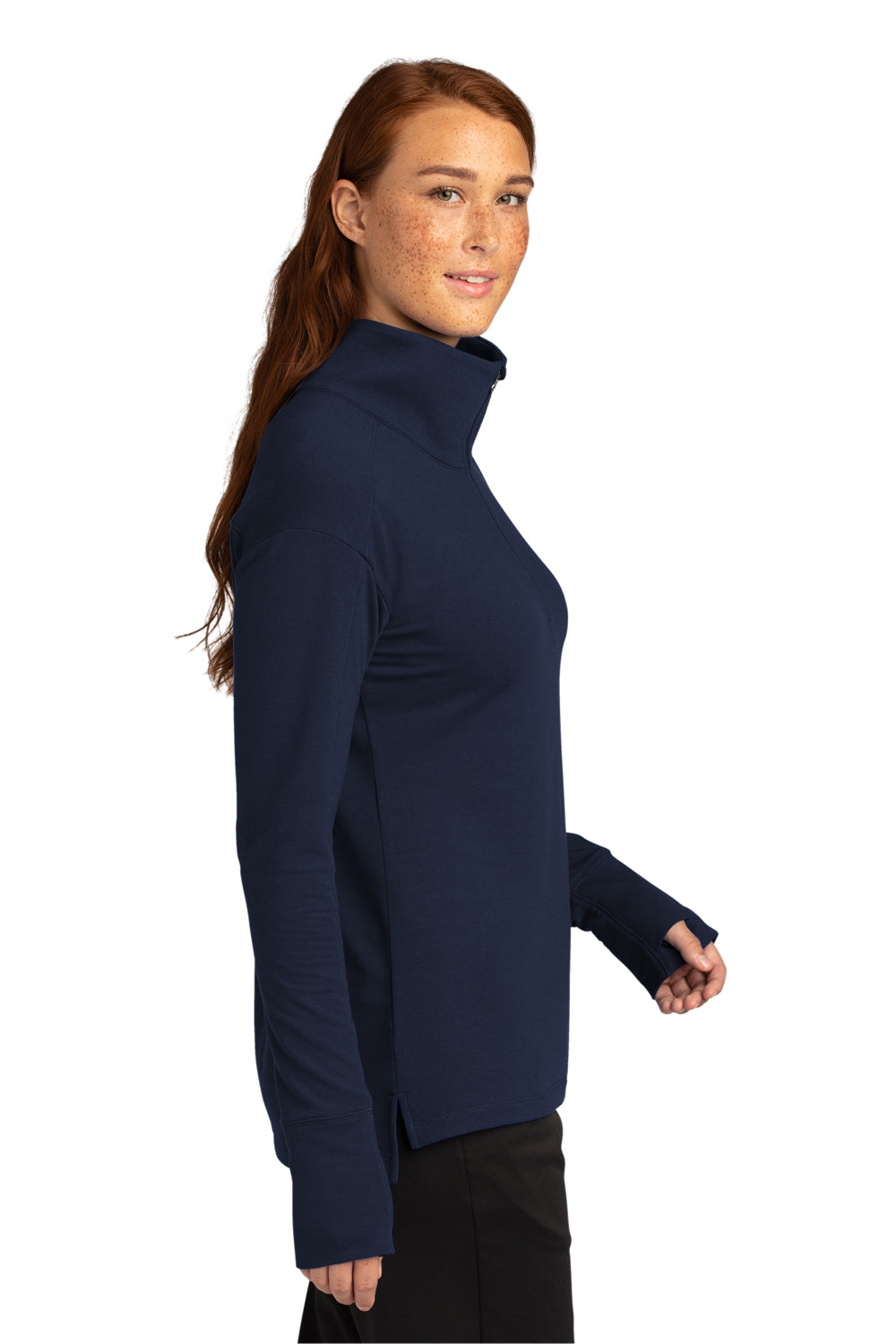 Sport-Tek LST561 Womens Flex Fleece Moisture Wicking 1/4 Zip Sweatshirt True Navy Blue Model Side