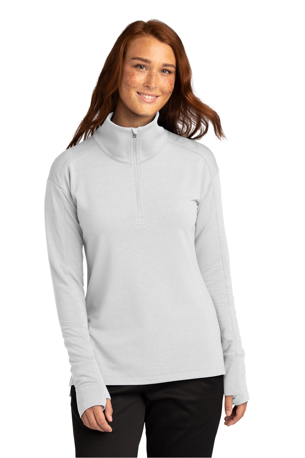 Sport-Tek LST561 Womens Flex Fleece Moisture Wicking 1/4 Zip Sweatshirt White Model Front