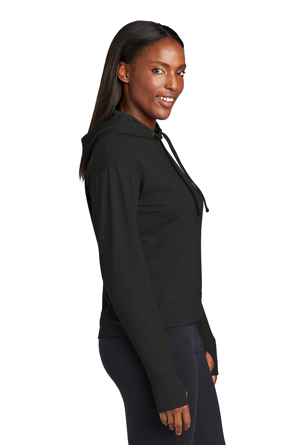 Sport-Tek LST562 Womens Sport-Wick Moisture Wicking Flex Fleece Hooded Sweatshirt Hoodie Black Model Side