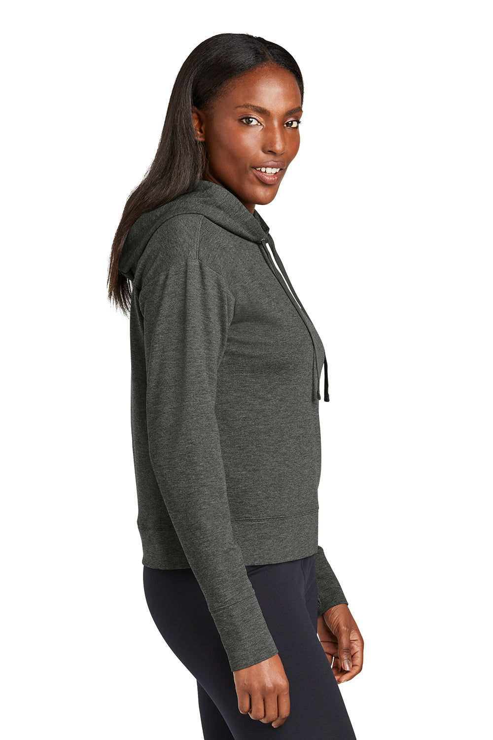 Sport-Tek LST562 Womens Sport-Wick Moisture Wicking Flex Fleece Hooded Sweatshirt Hoodie Heather Dark Grey Model Side