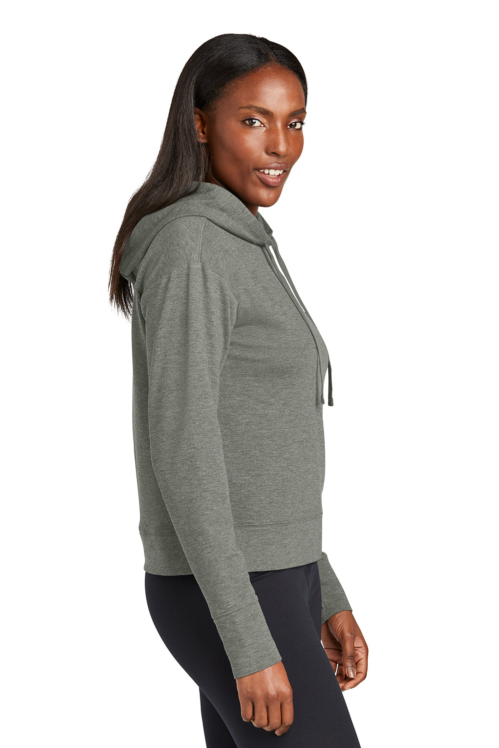 Sport-Tek LST562 Womens Sport-Wick Moisture Wicking Flex Fleece Hooded Sweatshirt Hoodie Heather Light Grey Model Side