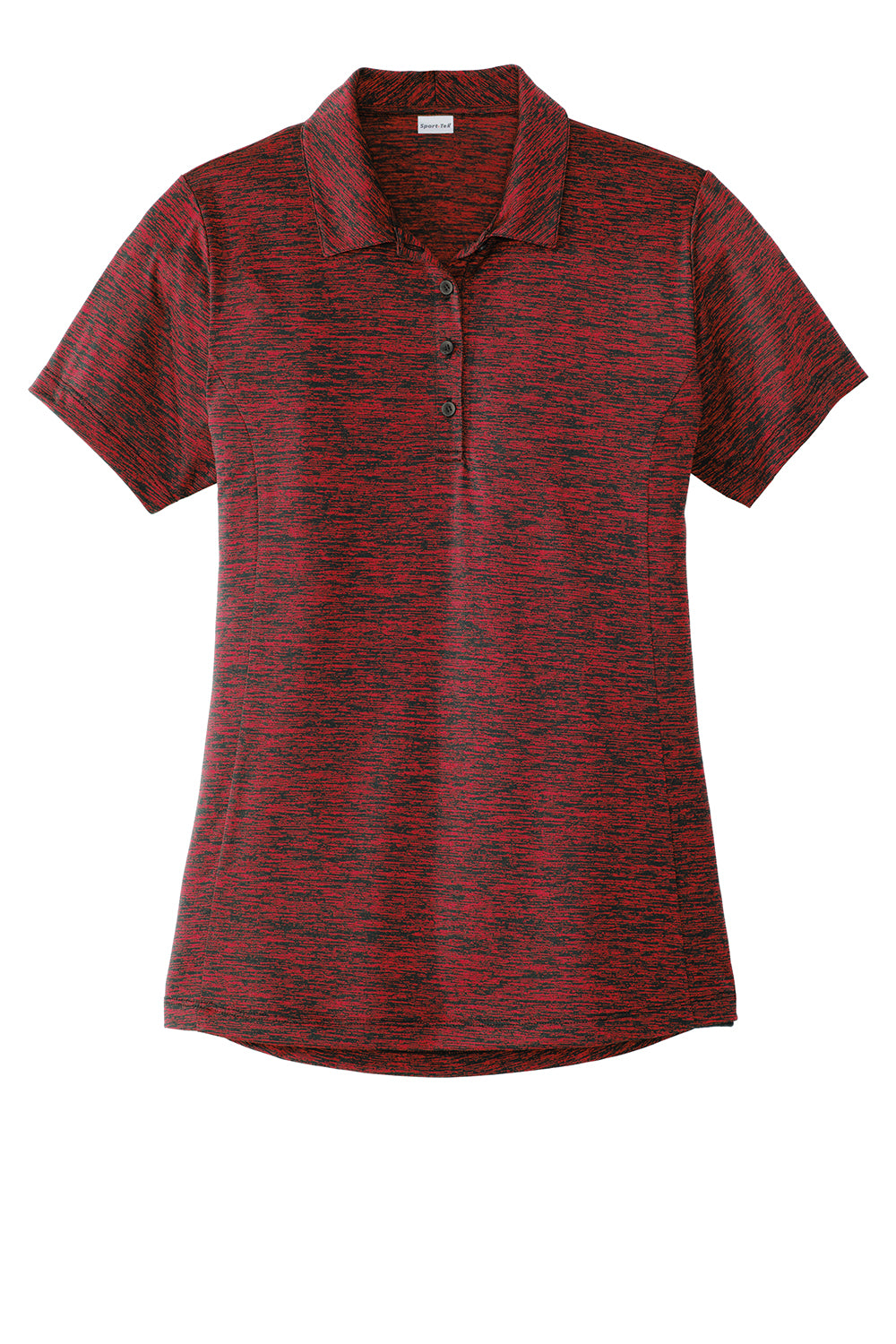 Sport-Tek LST590 Womens Electric Heather Moisture Wicking Short Sleeve Polo Shirt Deep Red Black Electric Flat Front