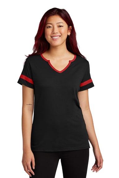 Sport-Tek LST6041 Womens Halftime Notch Neck Short Sleeve T-Shirt Black/Deep Red Model Front