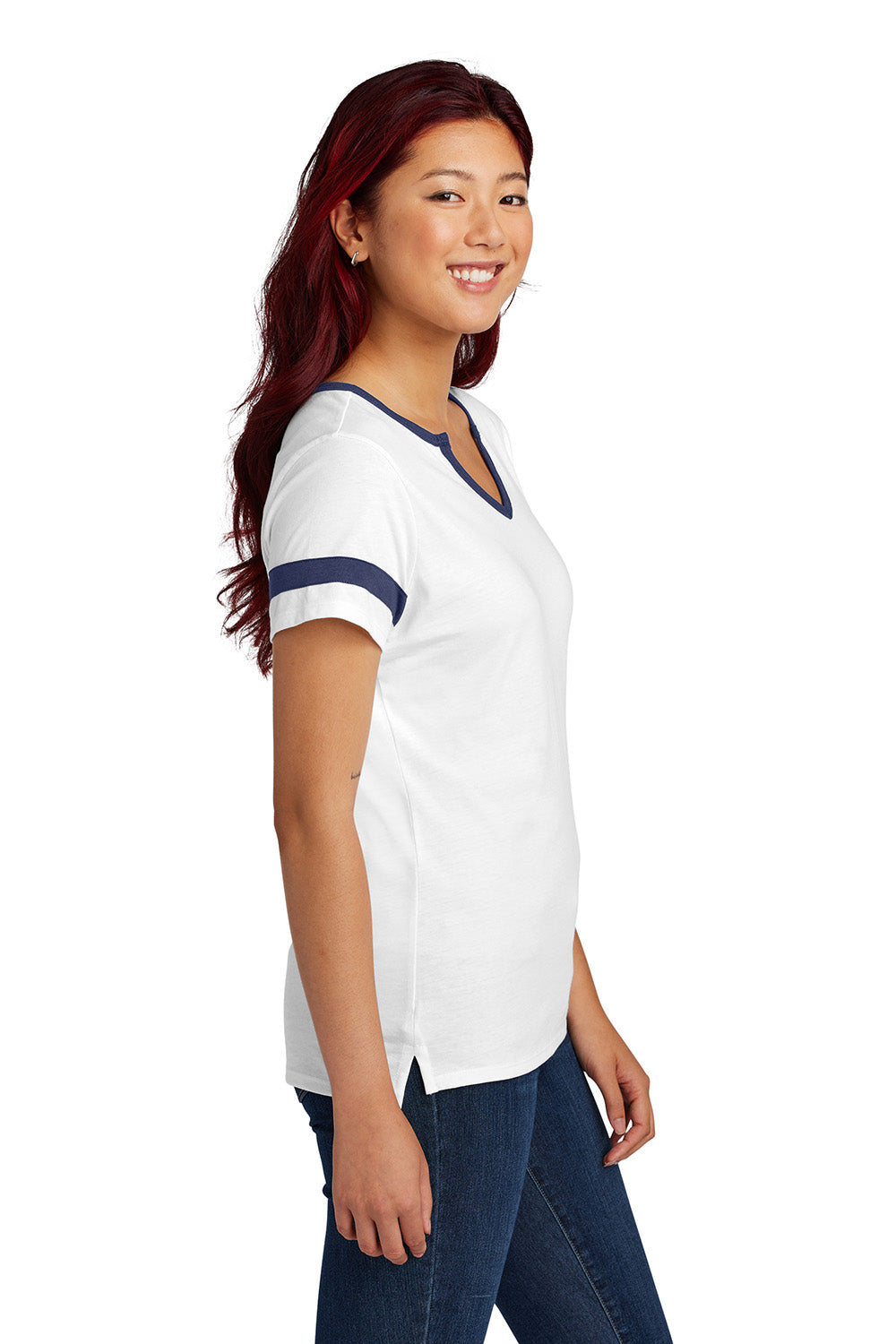 Sport-Tek LST6041 Womens Halftime Notch Neck Short Sleeve T-Shirt White/True Navy Blue Model Side