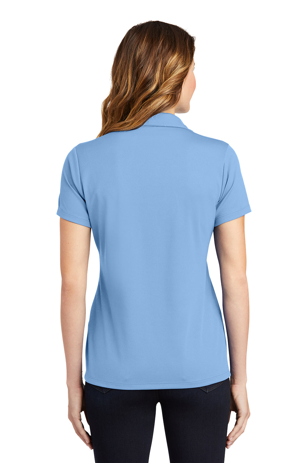 Sport-Tek LST640 Womens RacerMesh Moisture Wicking Short Sleeve Polo Shirt Carolina Blue Model Back