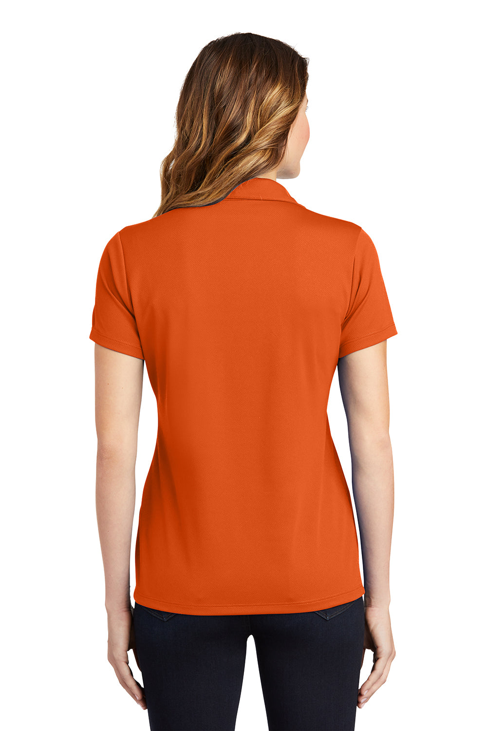 Sport-Tek LST640 Womens RacerMesh Moisture Wicking Short Sleeve Polo Shirt Deep Orange Model Back