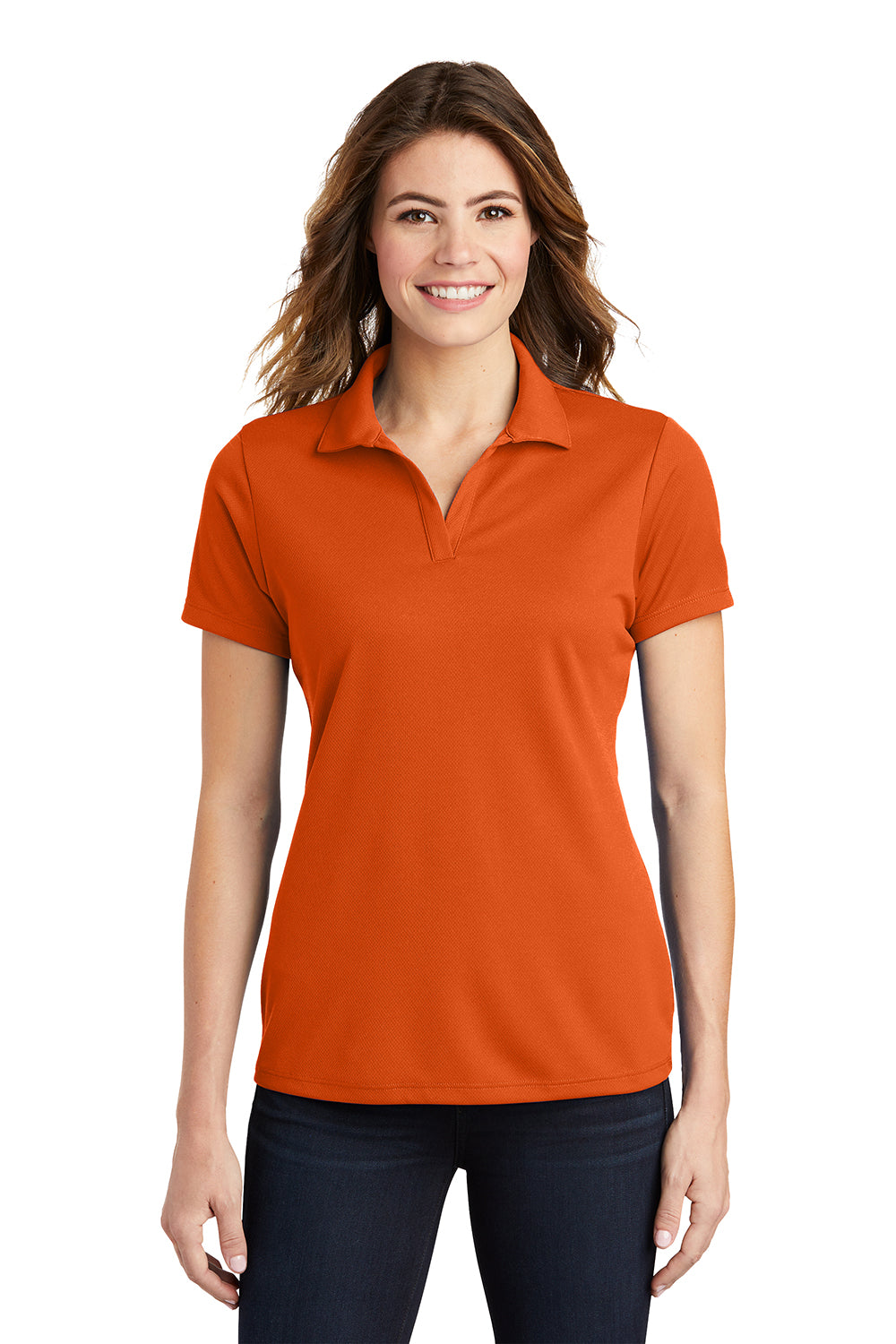 Sport-Tek LST640 Womens RacerMesh Moisture Wicking Short Sleeve Polo Shirt Deep Orange Model Front