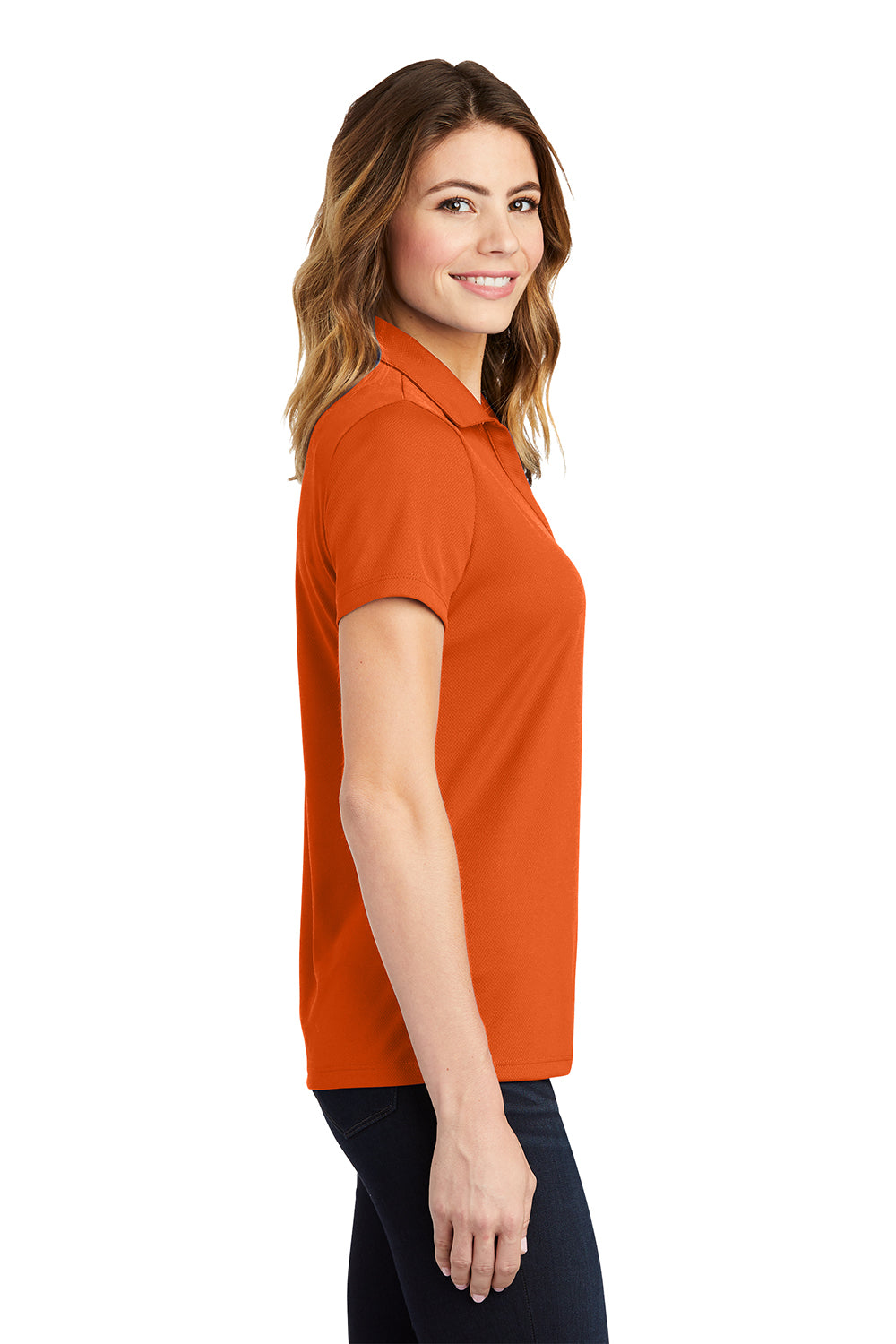 Sport-Tek LST640 Womens RacerMesh Moisture Wicking Short Sleeve Polo Shirt Deep Orange Model Side