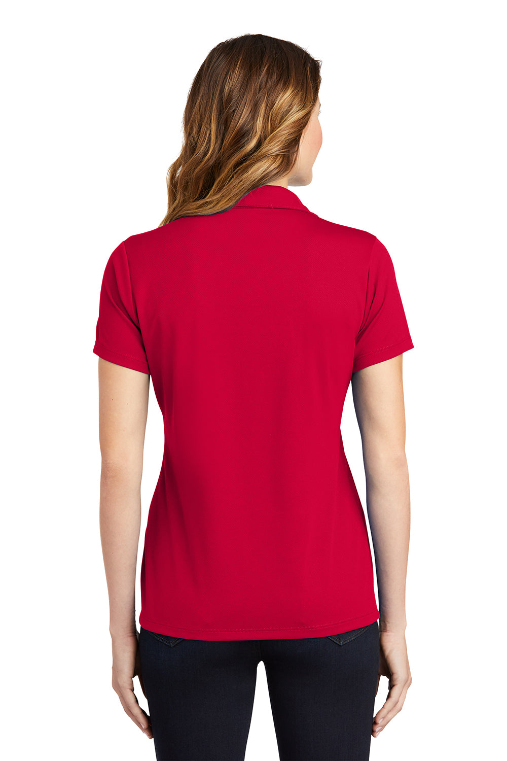 Sport-Tek LST640 Womens RacerMesh Moisture Wicking Short Sleeve Polo Shirt Deep Red Model Back