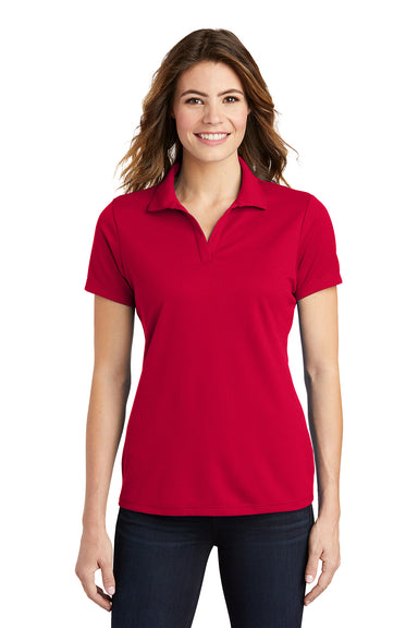 Sport-Tek LST640 Womens RacerMesh Moisture Wicking Short Sleeve Polo Shirt Deep Red Model Front