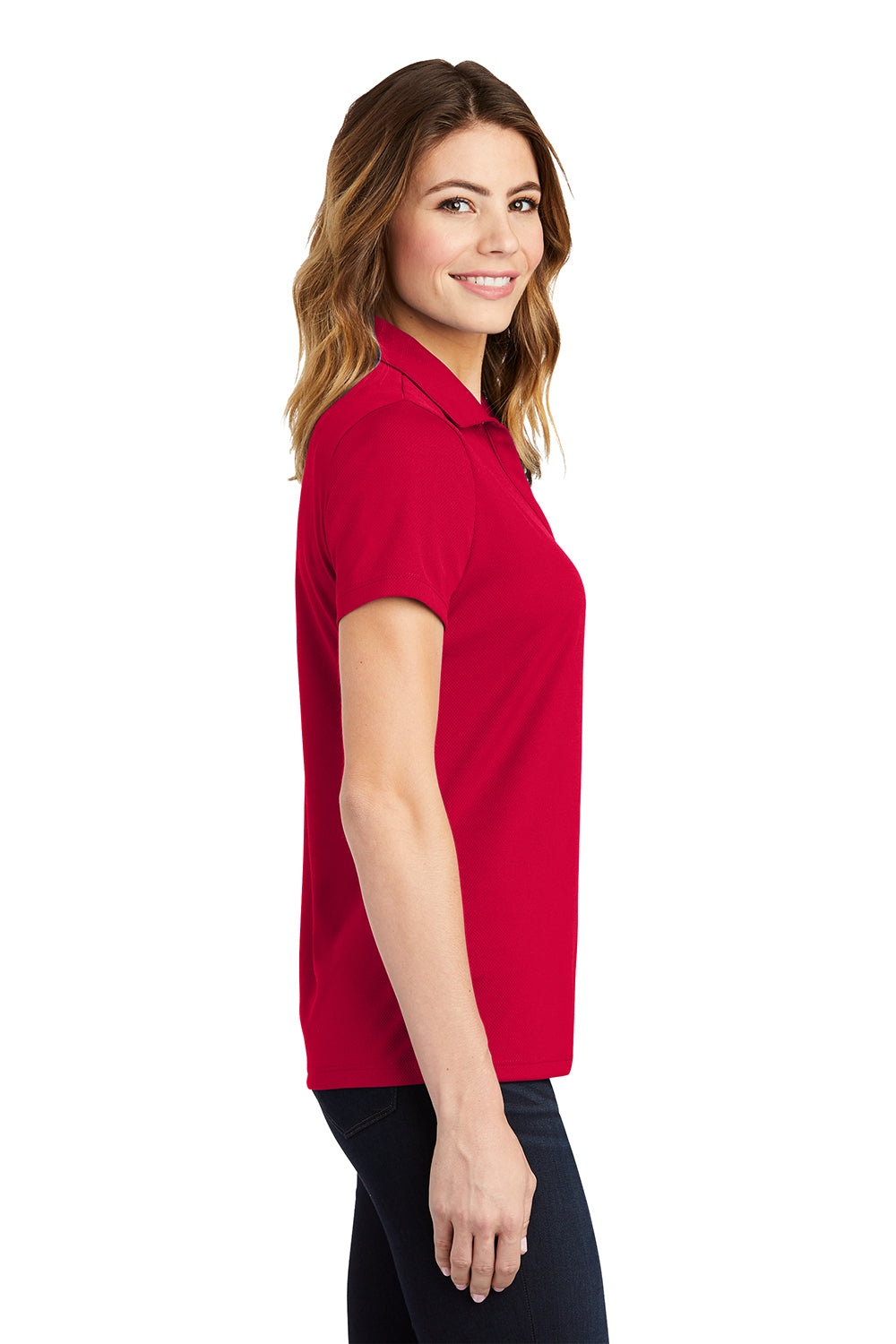 Sport-Tek LST640 Womens RacerMesh Moisture Wicking Short Sleeve Polo Shirt Deep Red Model Side