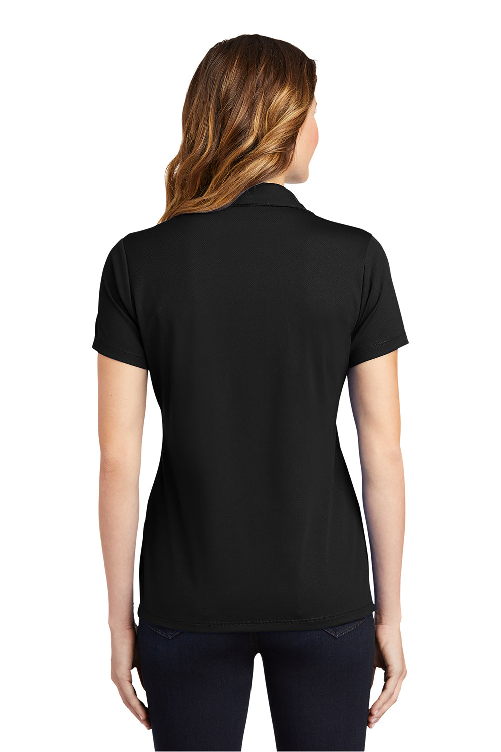 Sport-Tek LST640 Womens RacerMesh Moisture Wicking Short Sleeve Polo Shirt Black Model Back