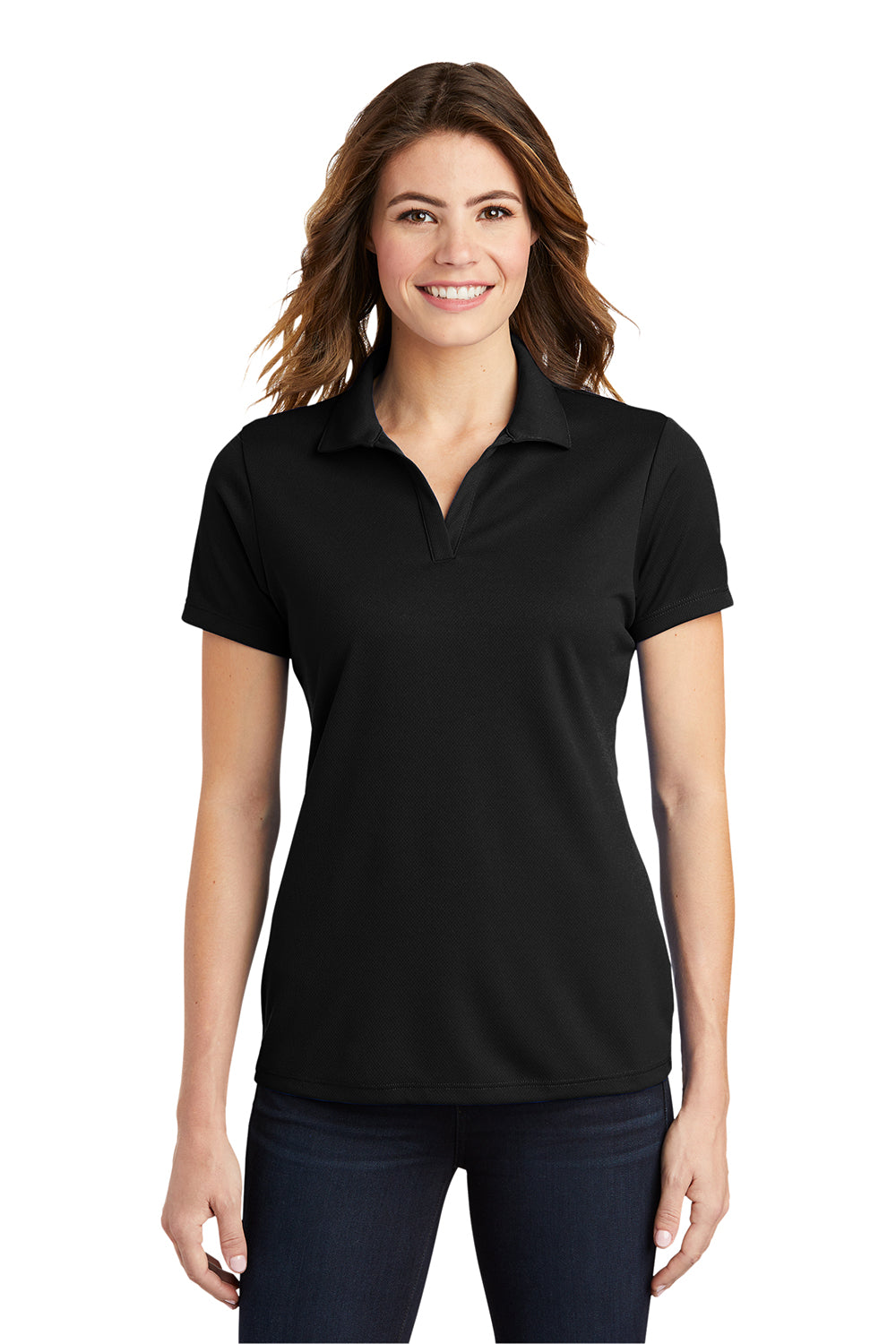 Sport-Tek LST640 Womens RacerMesh Moisture Wicking Short Sleeve Polo Shirt Black Model Front