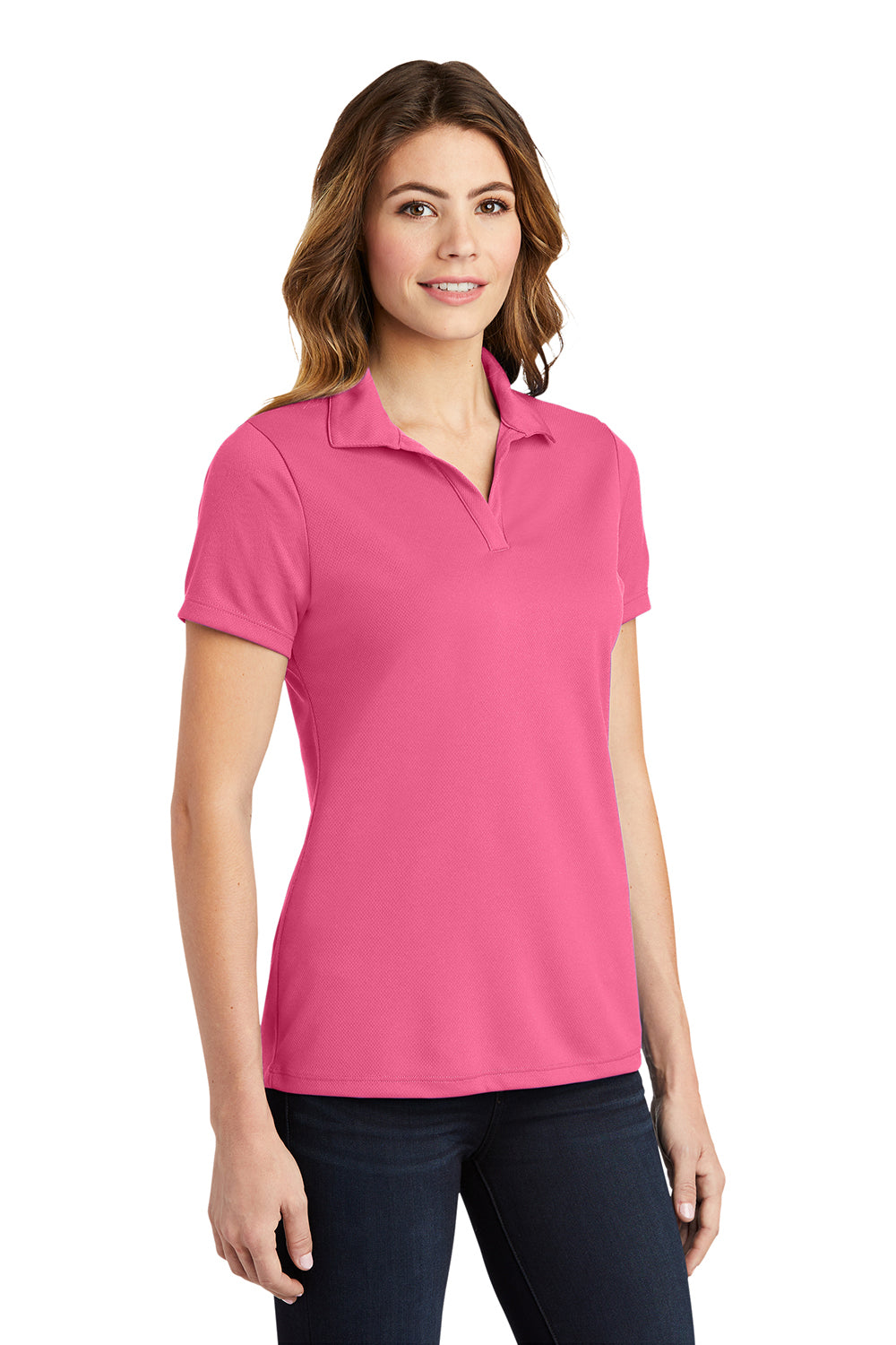 Sport-Tek LST640 Womens RacerMesh Moisture Wicking Short Sleeve Polo Shirt Bright Pink Model 3q