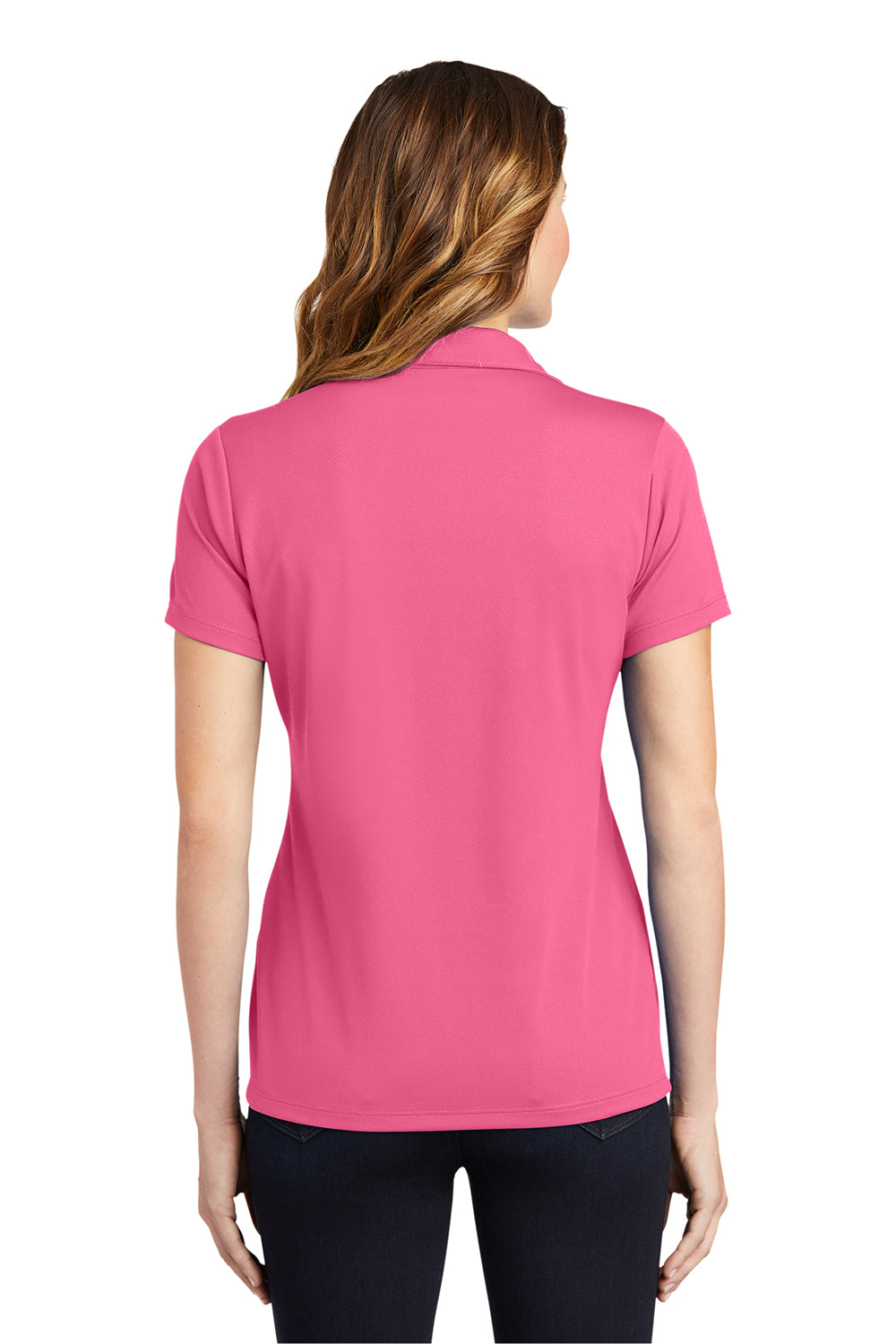 Sport-Tek LST640 Womens RacerMesh Moisture Wicking Short Sleeve Polo Shirt Bright Pink Model Back