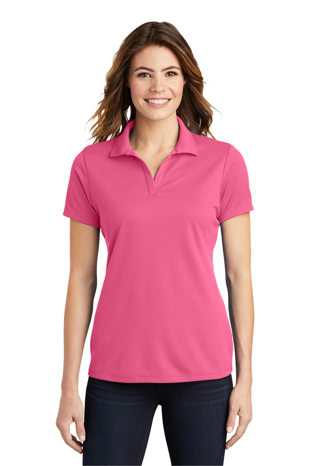 Sport-Tek LST640 Womens RacerMesh Moisture Wicking Short Sleeve Polo Shirt Bright Pink Model Front