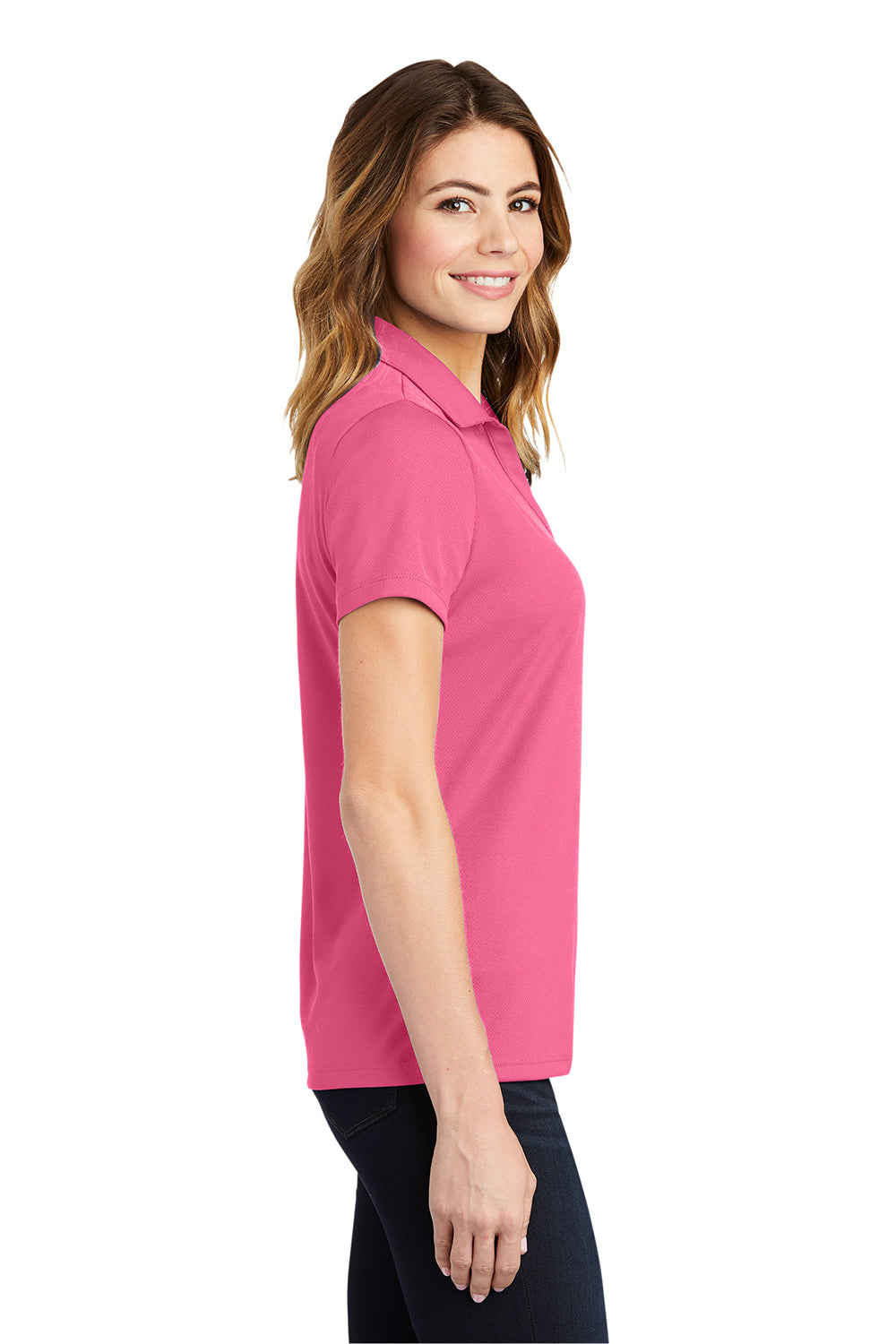 Sport-Tek LST640 Womens RacerMesh Moisture Wicking Short Sleeve Polo Shirt Bright Pink Model Side