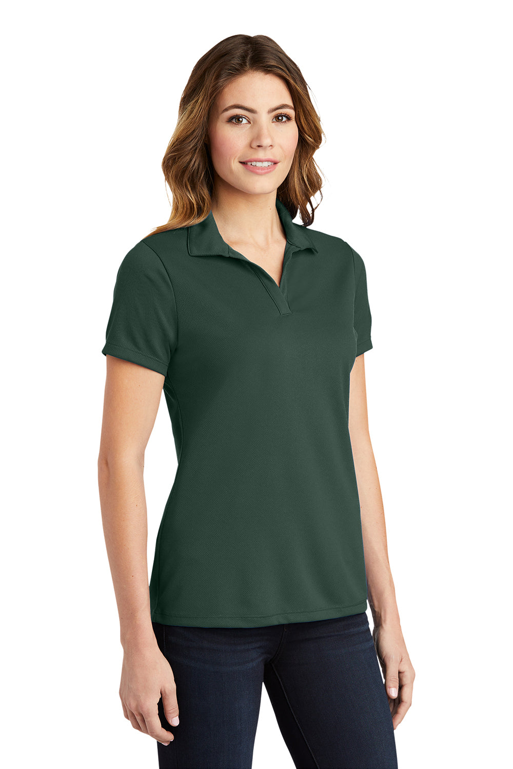 Sport-Tek LST640 Womens RacerMesh Moisture Wicking Short Sleeve Polo Shirt Dark Forest Green Model 3q