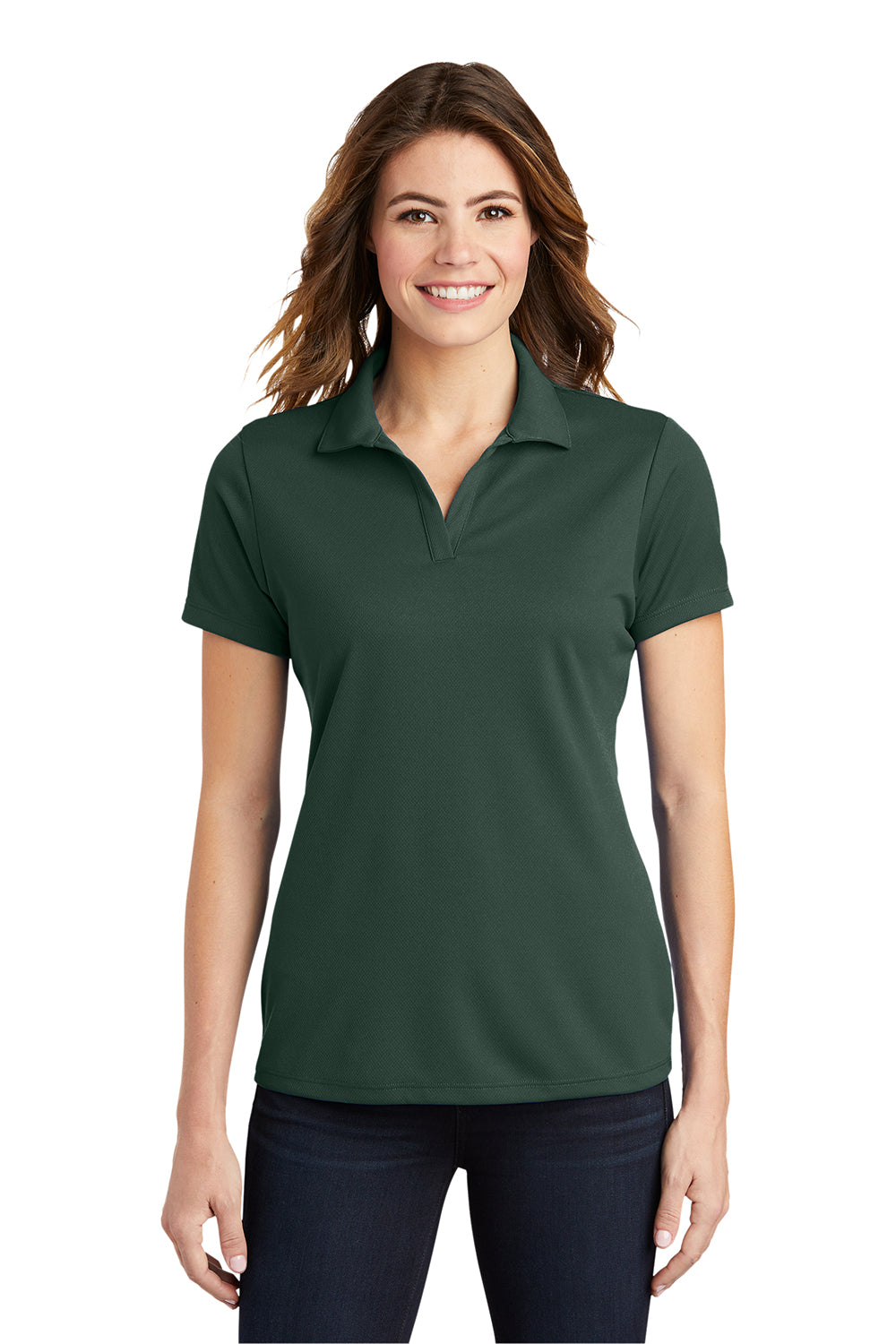 Sport-Tek LST640 Womens RacerMesh Moisture Wicking Short Sleeve Polo Shirt Dark Forest Green Model Front