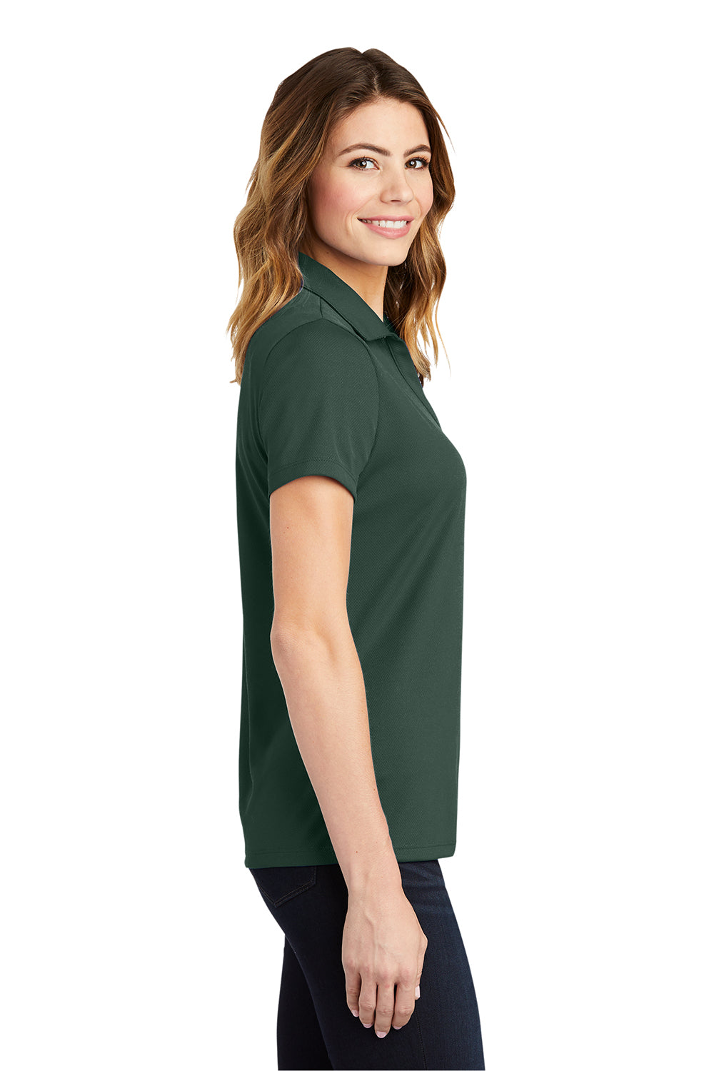 Sport-Tek LST640 Womens RacerMesh Moisture Wicking Short Sleeve Polo Shirt Dark Forest Green Model Side