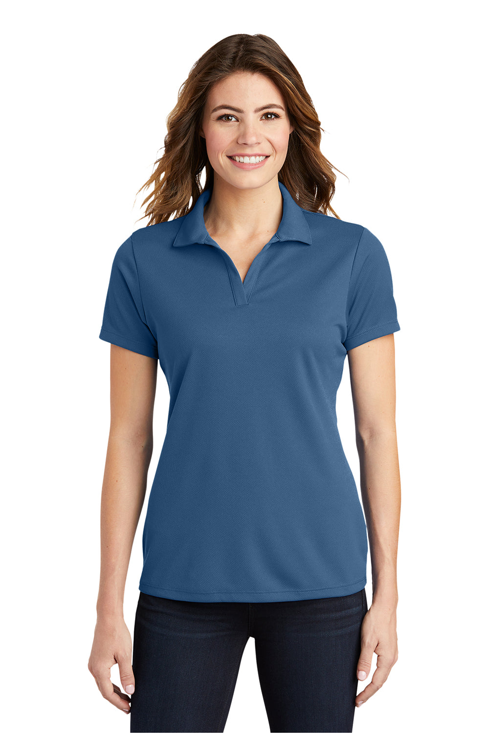 Sport-Tek LST640 Womens RacerMesh Moisture Wicking Short Sleeve Polo Shirt Dawn Blue Model Front