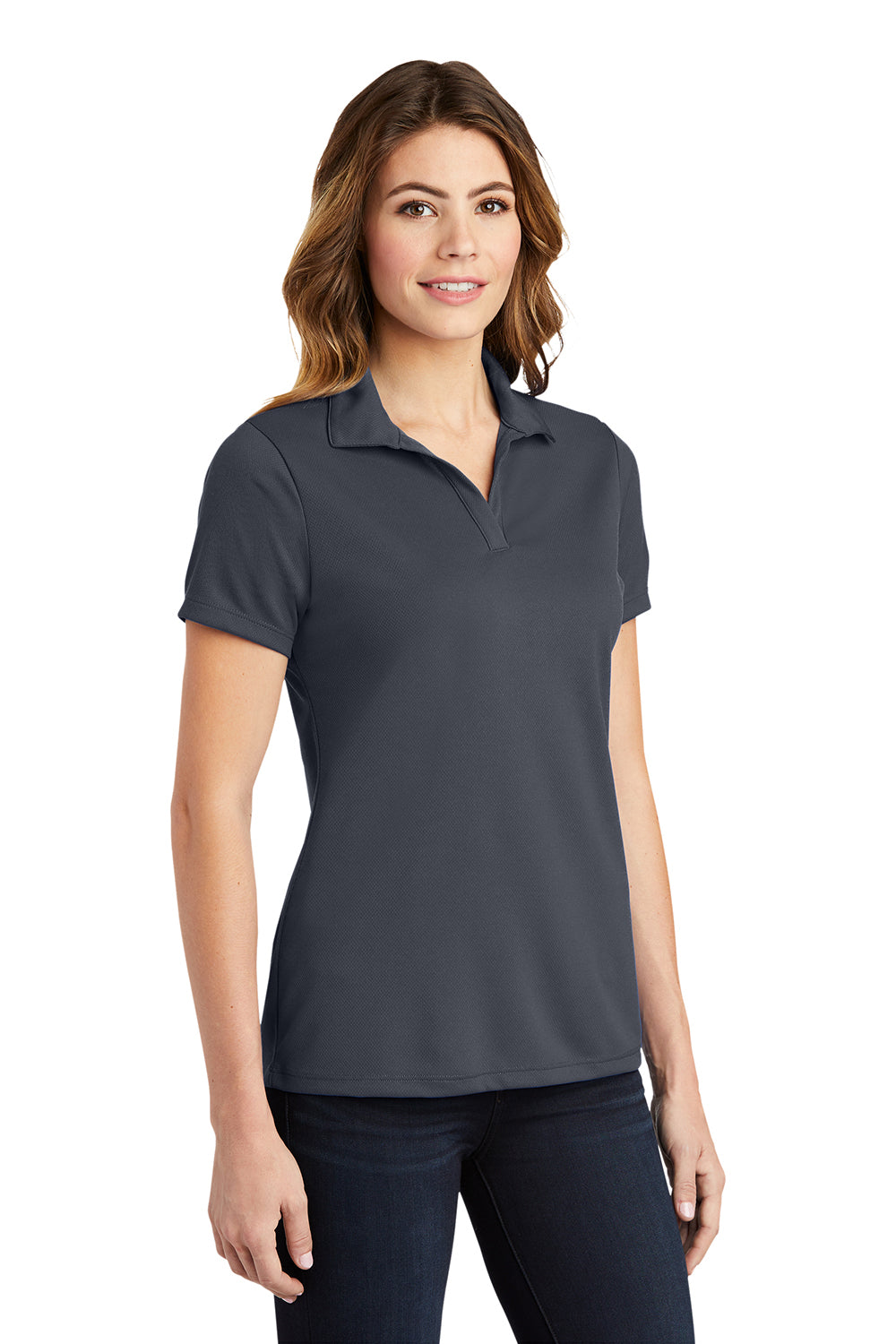 Sport-Tek LST640 Womens RacerMesh Moisture Wicking Short Sleeve Polo Shirt Graphite Grey Model 3q