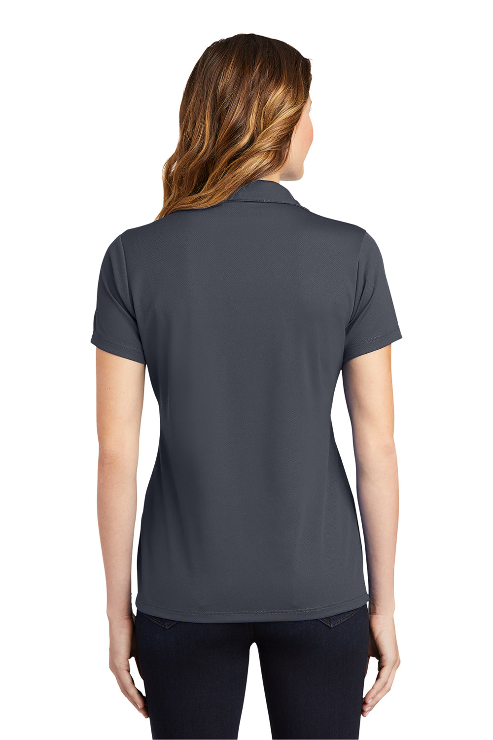 Sport-Tek LST640 Womens RacerMesh Moisture Wicking Short Sleeve Polo Shirt Graphite Grey Model Back