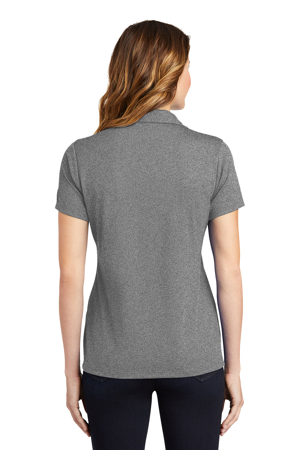 Sport-Tek LST640 Womens RacerMesh Moisture Wicking Short Sleeve Polo Shirt Heather Grey Model Back