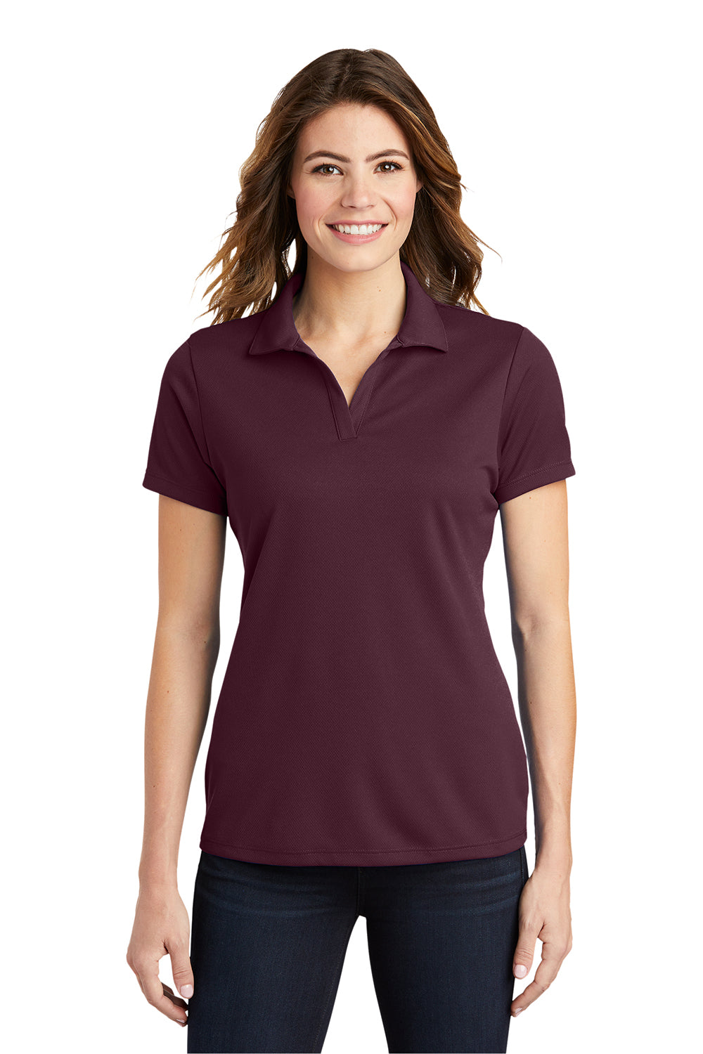 Sport-Tek LST640 Womens RacerMesh Moisture Wicking Short Sleeve Polo Shirt Maroon Model Front