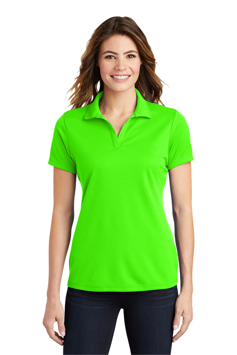 Sport-Tek LST640 Womens RacerMesh Moisture Wicking Short Sleeve Polo Shirt Neon Green Model Front