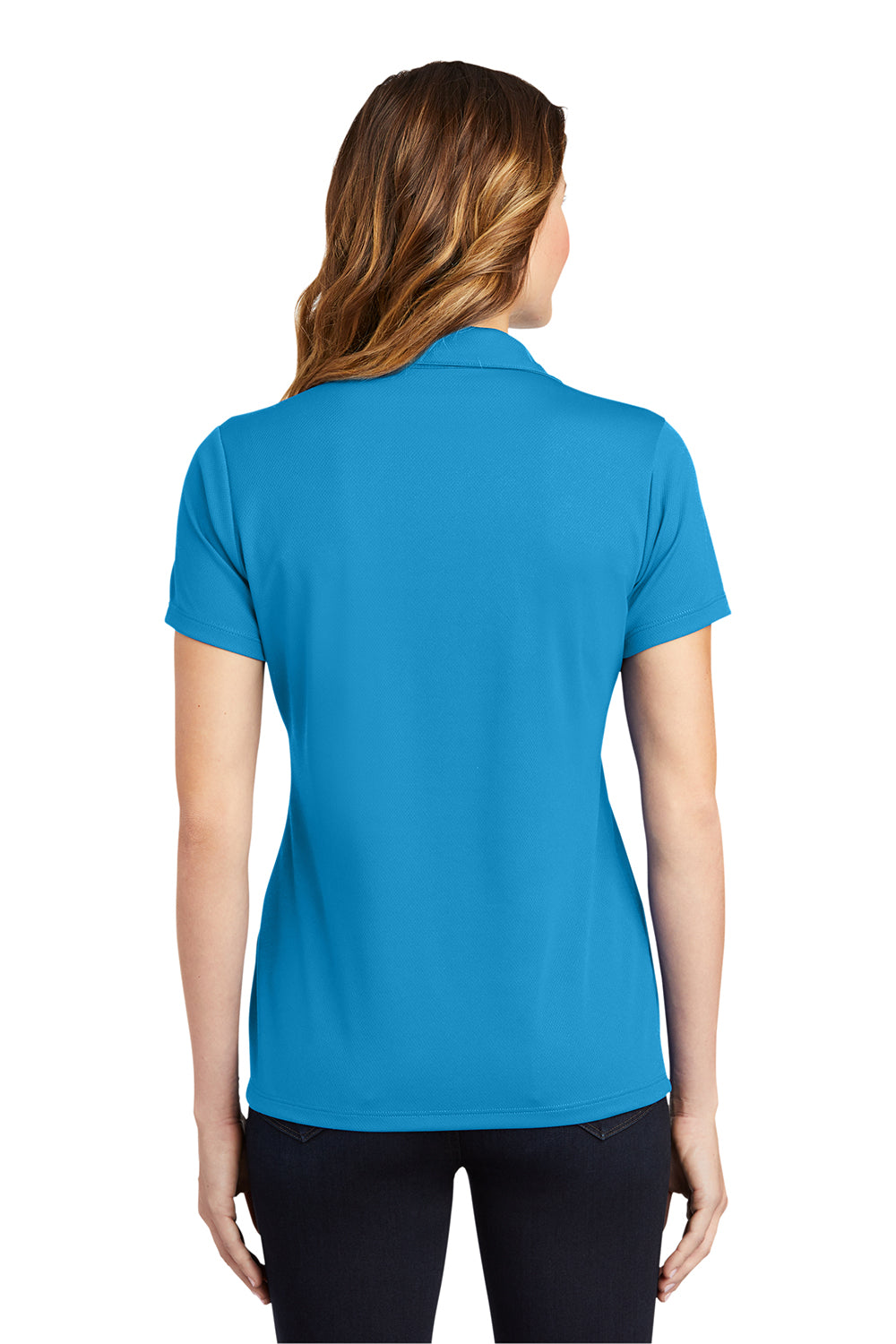 Sport-Tek LST640 Womens RacerMesh Moisture Wicking Short Sleeve Polo Shirt Pond Blue Model Back