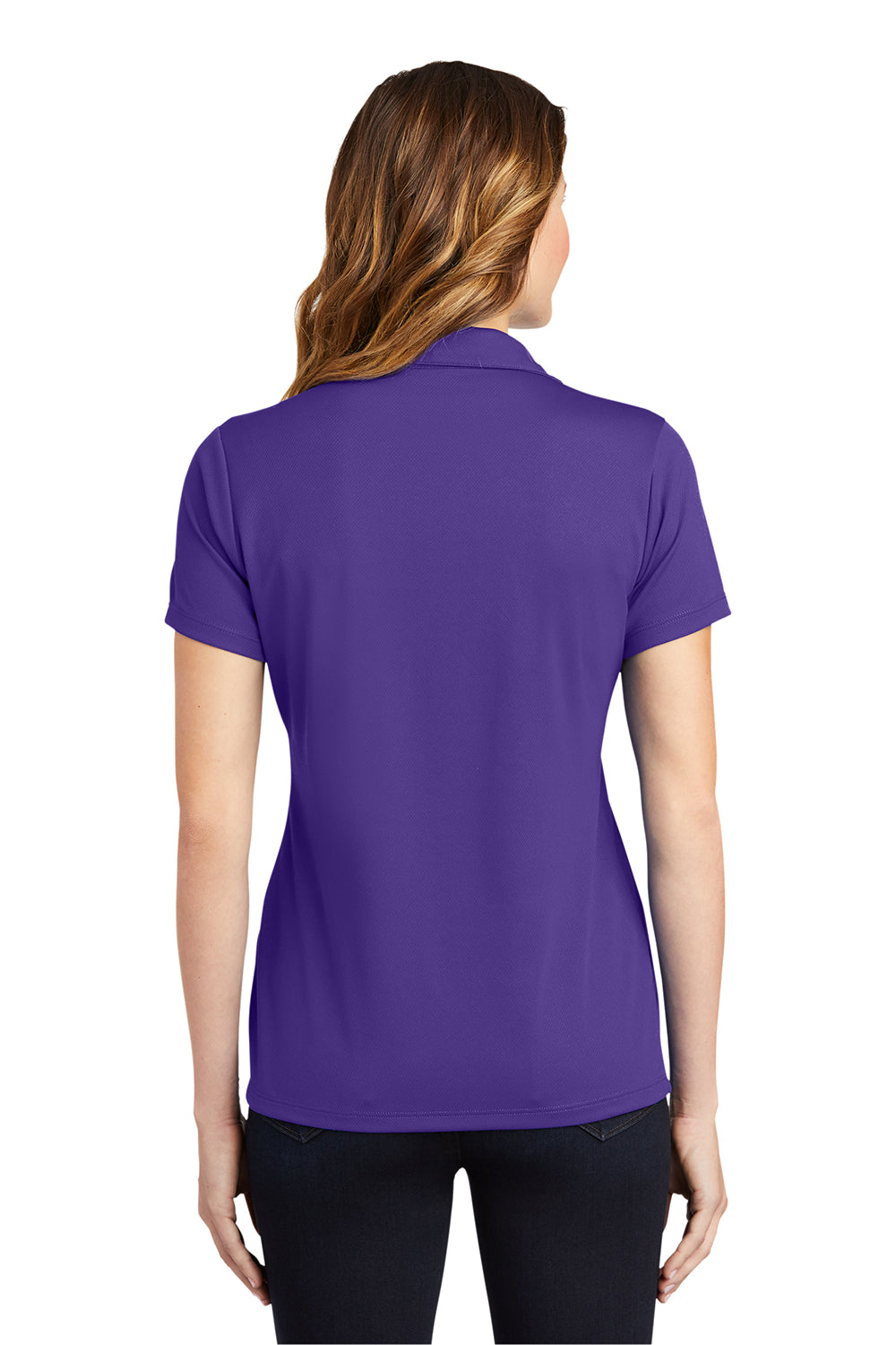 Sport-Tek LST640 Womens RacerMesh Moisture Wicking Short Sleeve Polo Shirt Purple Model Back