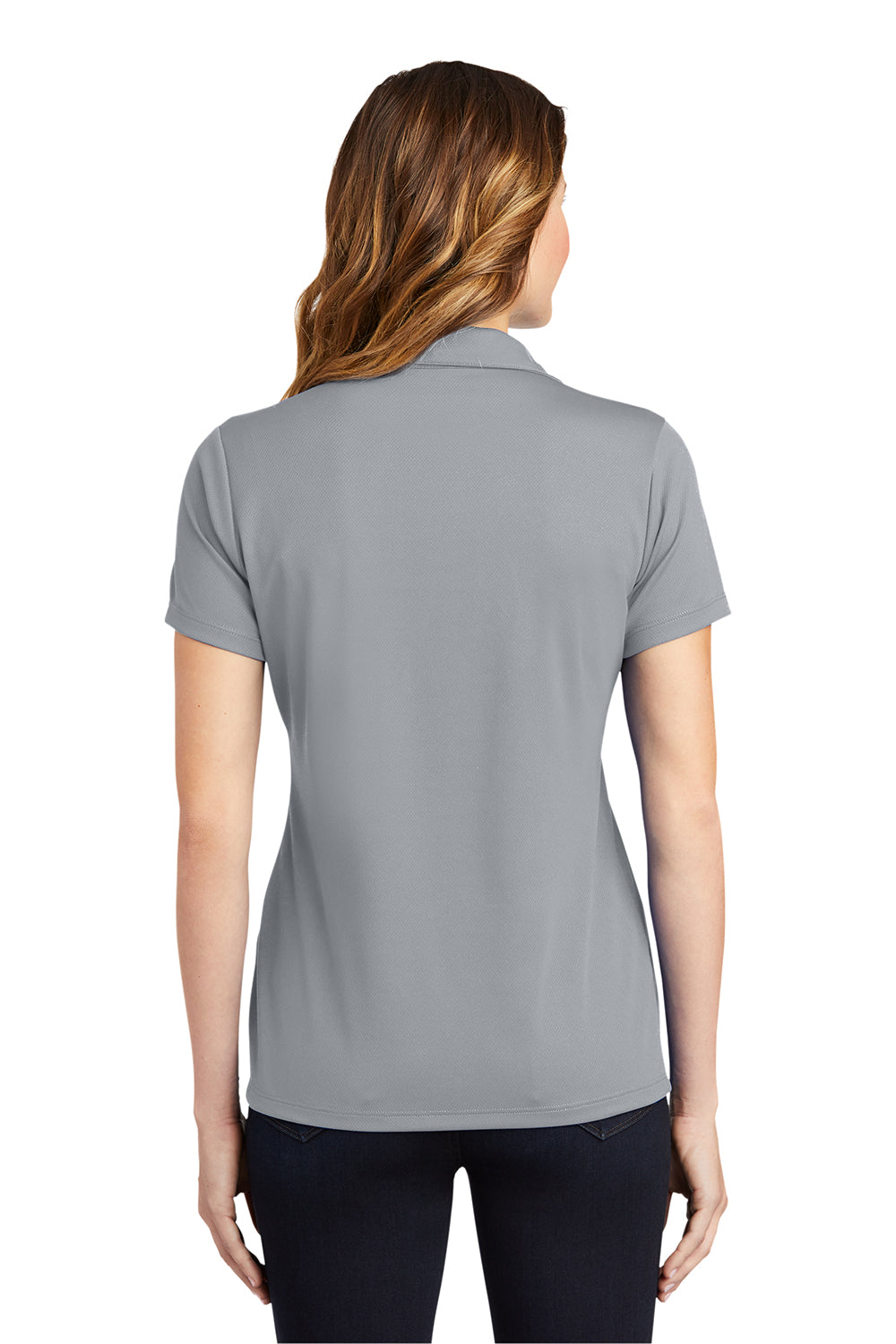 Sport-Tek LST640 Womens RacerMesh Moisture Wicking Short Sleeve Polo Shirt Silver Grey Model Back