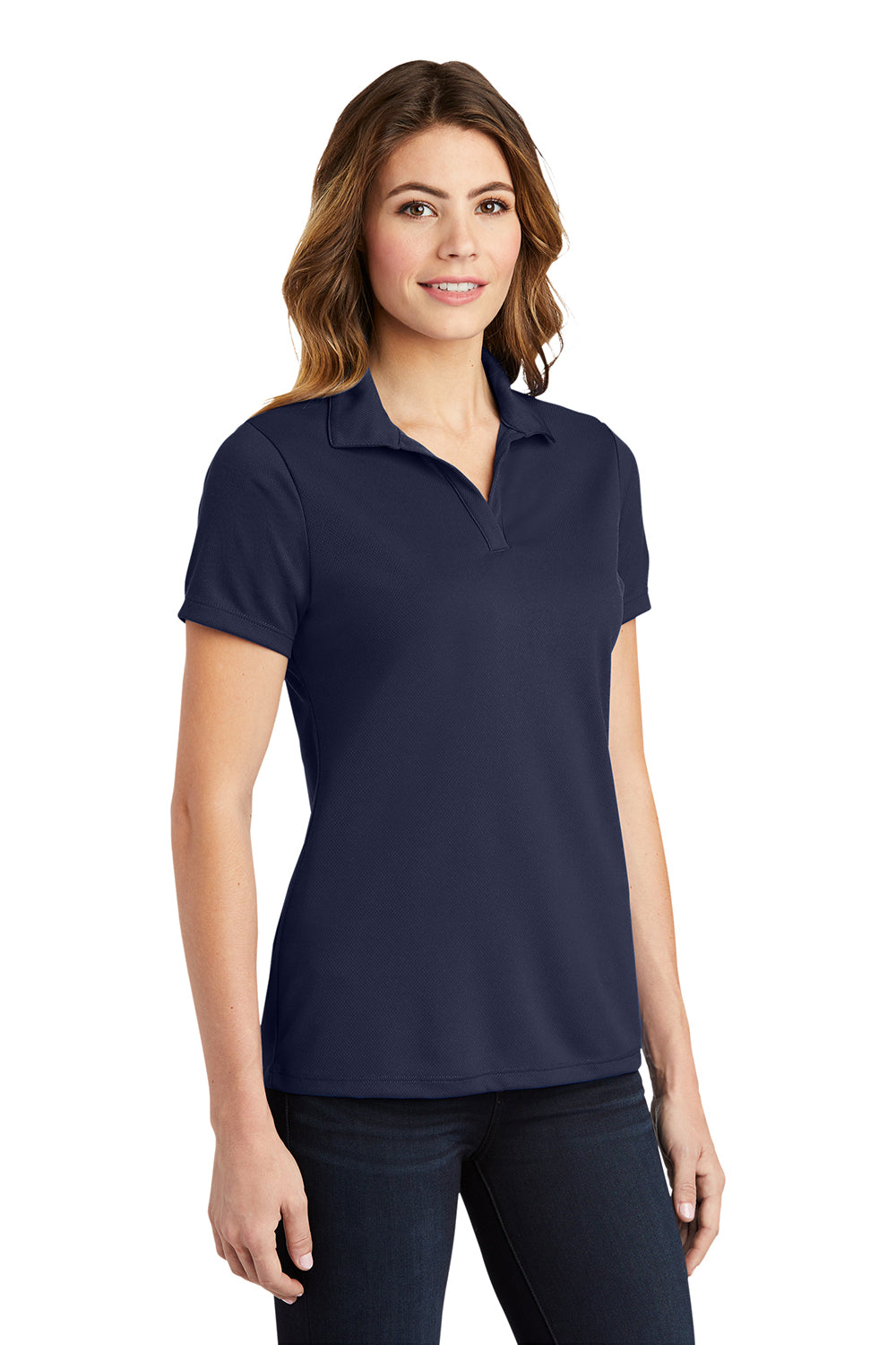 Sport-Tek LST640 Womens RacerMesh Moisture Wicking Short Sleeve Polo Shirt True Navy Blue Model 3q