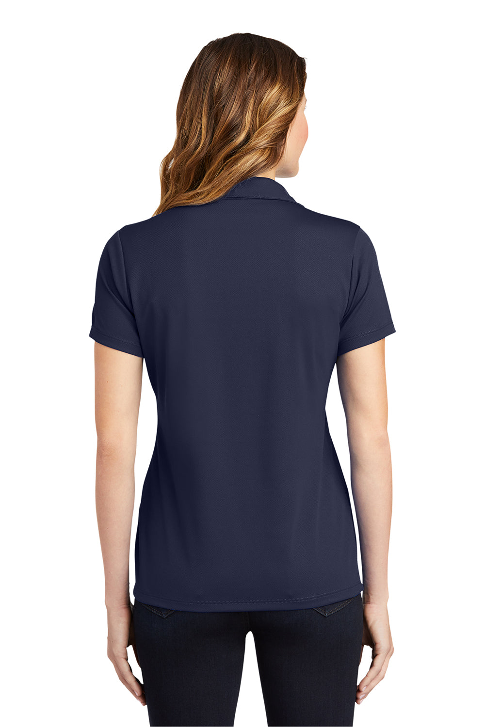 Sport-Tek LST640 Womens RacerMesh Moisture Wicking Short Sleeve Polo Shirt True Navy Blue Model Back