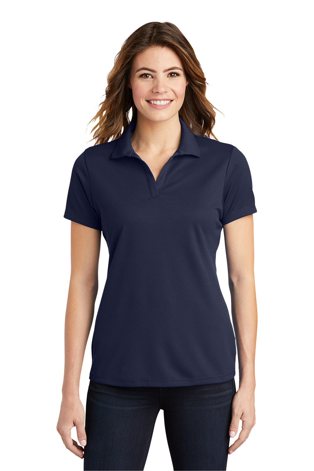 Sport-Tek LST640 Womens RacerMesh Moisture Wicking Short Sleeve Polo Shirt True Navy Blue Model Front