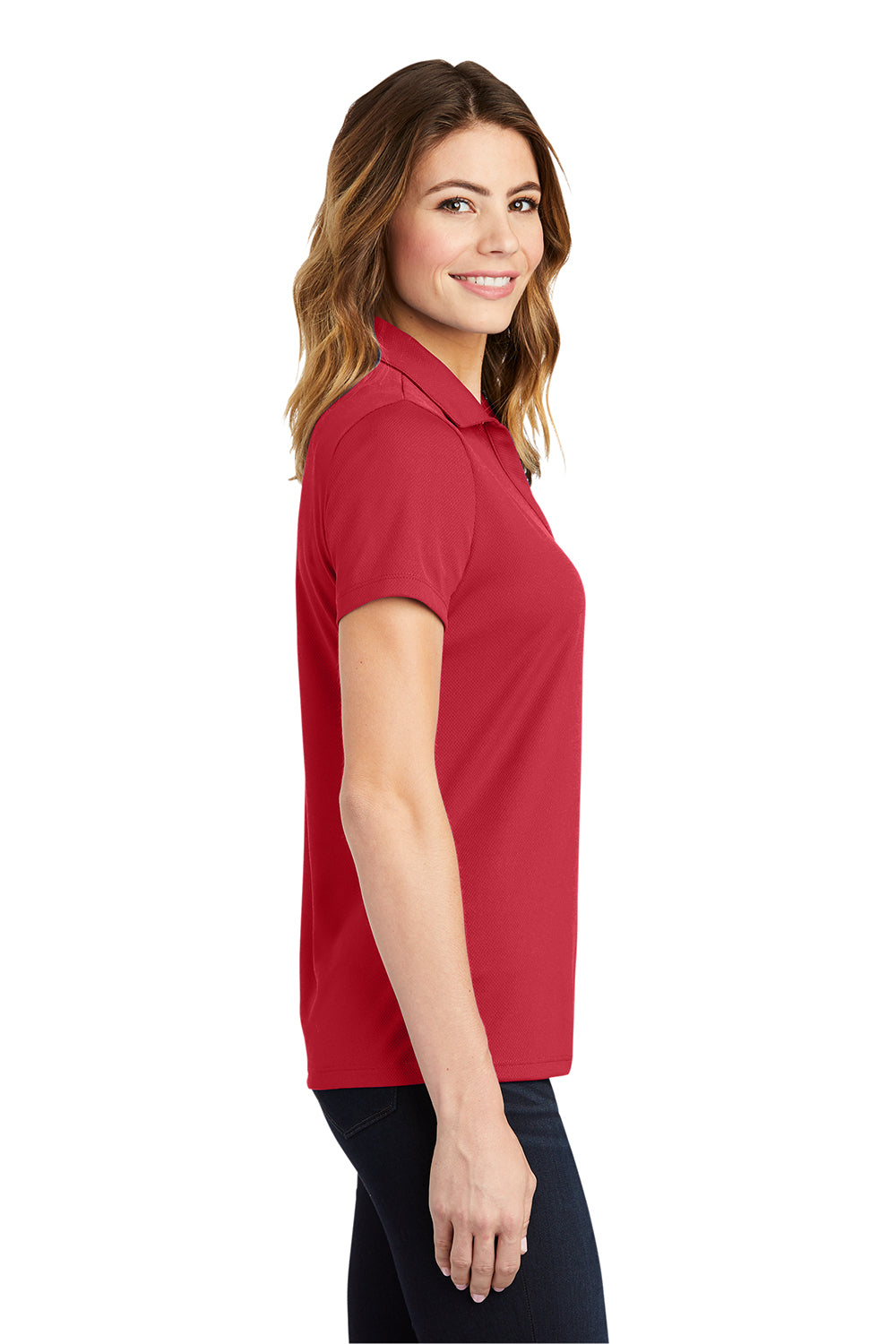 Sport-Tek LST640 Womens RacerMesh Moisture Wicking Short Sleeve Polo Shirt True Red Model Side