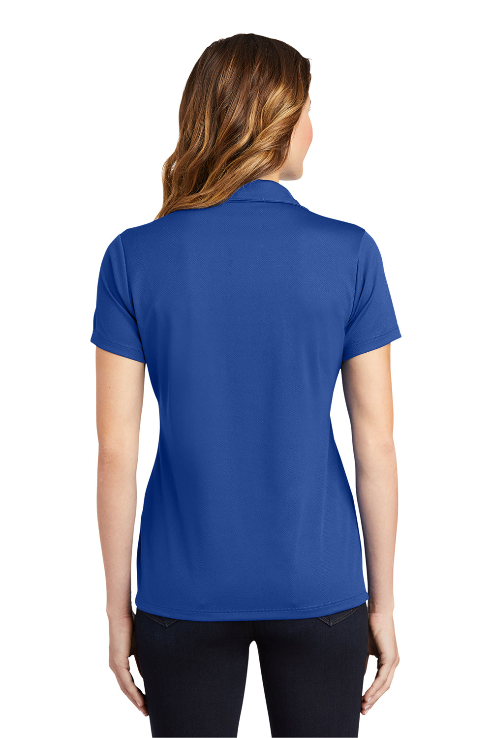 Sport-Tek LST640 Womens RacerMesh Moisture Wicking Short Sleeve Polo Shirt True Royal Blue Model Back